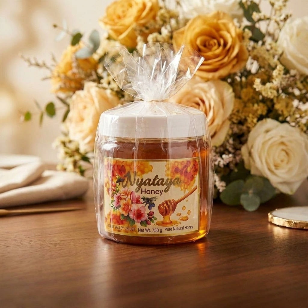 Nyataya Honey 750g jar gift wrapped with yellow roses